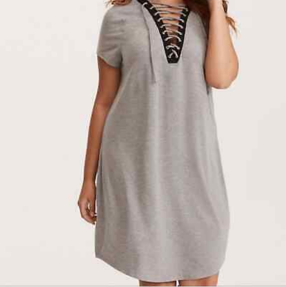Torrid Gray Knit Lace Up Short Sleeve Grommet T Shirt Dress Moto